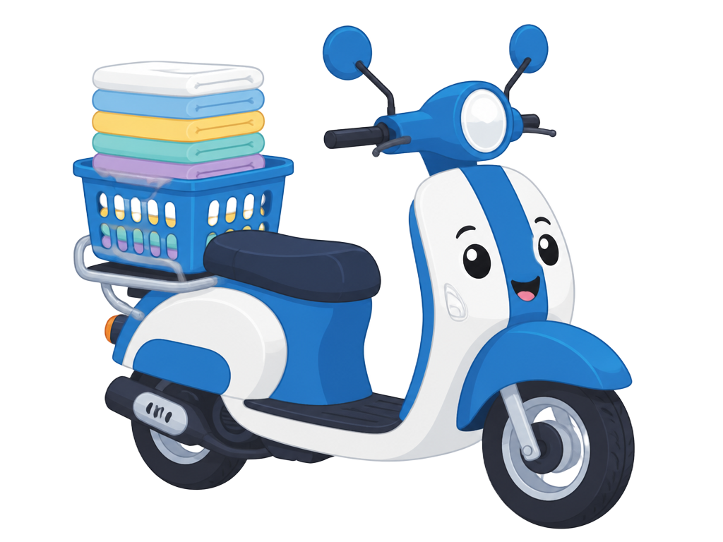 Cartoon delivery scooter carrying folded laundry on the back